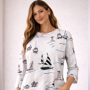 Palm Grove Nautical Print Top | Coastal Grandma Seaside Core | XL